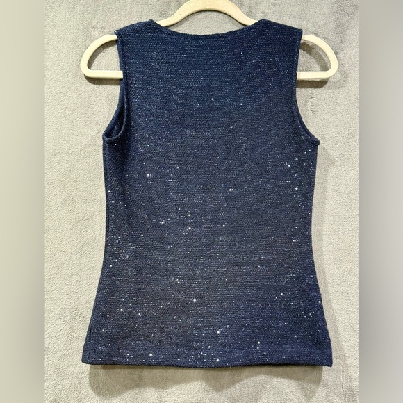St. John Navy Blue Mini Sequin Knit Wool Blend Sleeveless Blouse Women's XS - Picture 5 of 6